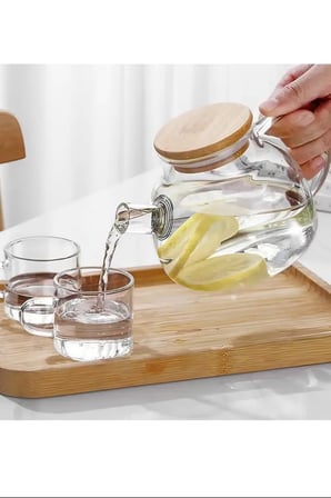 Royaleks Borosilikat Cam Demlik Bambu Kapaklı 1000 ml Şeffaf
