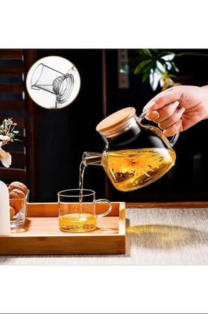Royaleks Borosilikat Cam Demlik Bambu Kapaklı 1000 ml Şeffaf