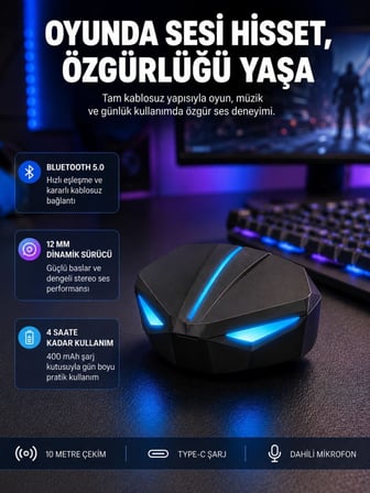 Tam Kablosuz  Kulaklığı 5.0 Bluetooth Led Kontrollü Yeni Nesil