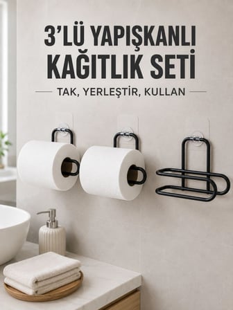 3’lü Siyah Duvar Tipi Kağıtlık Seti Yapışkanlı Pratik Rulo Tutucu