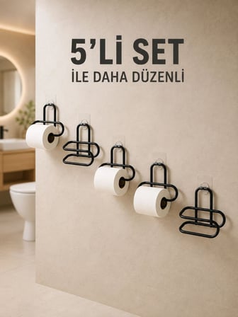 Yapışkanlı Tuvalet Kağıdı Askısı Siyah Metal Delmeden Montaj Wc Kağıtlık 5 Adet
