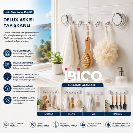 Vakumlu Yapışkanlı 5 Kollu Plastik Askı