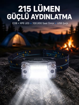 Şarj Edilebilir Led Kafa Feneri 215 Lümen Xpe Cob Güçlü Aydınlatma