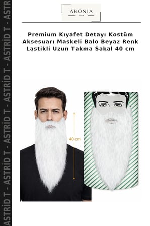 Premium Kıyafet Detayı Kostüm Aksesuarı Maskeli Balo Beyaz Renk Lastikli Uzun Takma Sakal 40 cm