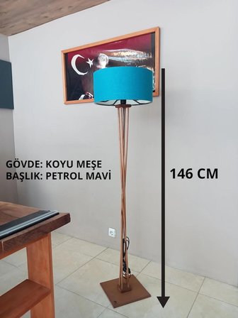 PETROL MAVİ BAŞLIK-AHŞAP KÖŞE AYDINLATMA- LAMBADER- KOYU MEŞE