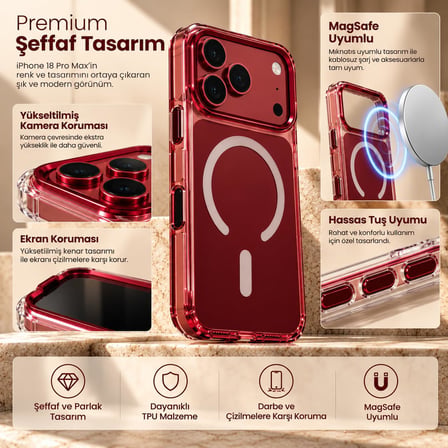 iPhone 17/18 Pro Max Şeffaf MagSafe ile Uyumlu Kılıf, Bordo Tasarım
