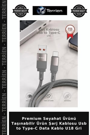 Premium Seyahat Ürünü Taşınabilir Ürün Şarj Kablosu Usb to Type-C Data Kablo U18 Gri