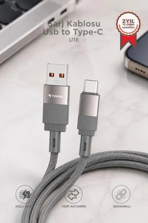 Premium Seyahat Ürünü Taşınabilir Ürün Şarj Kablosu Usb to Type-C Data Kablo U18 Gri