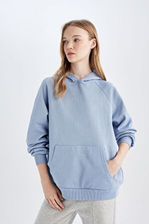 DeFacto Oversize Geniş Kalıp Kapüşonlu Kanguru Cepli Kalın Basic Düz Sweatshirt C7805AX24WNBE755