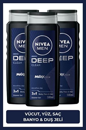 Nivea MEN Erkek Deep Dimension Banyo ve Duş Jeli 500ml, 3'ü1 Arada Komple Bakım, Vücut Saç Yüz