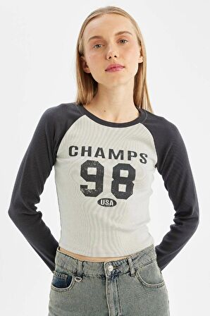 DeFacto Antrasit Coool Fitted Bisiklet Yaka Fitilli Kaşkorse Baskılı Uzun Kollu Tişört C7926AX24AUAR191