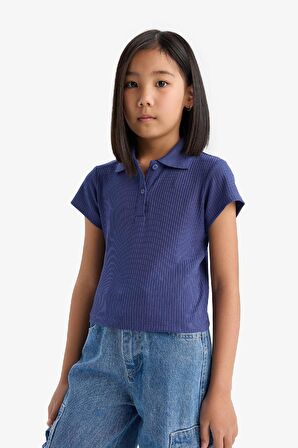 DeFacto Kız Çocuk Slim Fit Dar Kesim Polo Yaka Basic Düz Fitilli Kaşkorse Kısa Kollu Tişört Z7794A625SMPR498