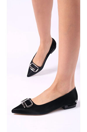 bej renk, Sivri Burun Metal Tokalı Parlak, Düz Topuklu,Babet Ayakkabı, Zarif ,Şık ,Bayan, Model SİYAH / 37