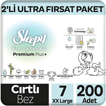 Sleepy Bio Natural Premium Plus 2'li Ultra Fırsat Paketi Bebek Bezi 7 Numara Xxlarge 200 Adet