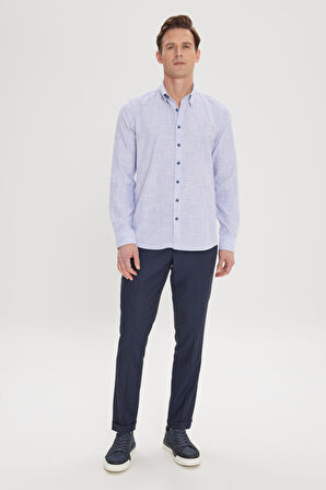 Erkek Mavi Slim Fit Dar Kesim Gizli Düğmeli Yaka Keten Görünümlü %100 Pamuk Flamlı Gömlek