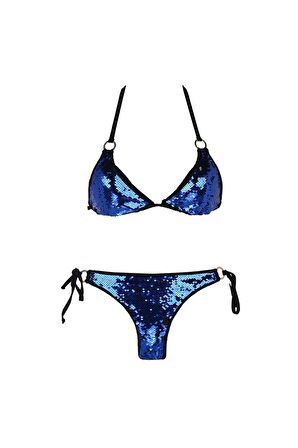 Siyah Mavi Payetli Üçgen Bikini Takımı