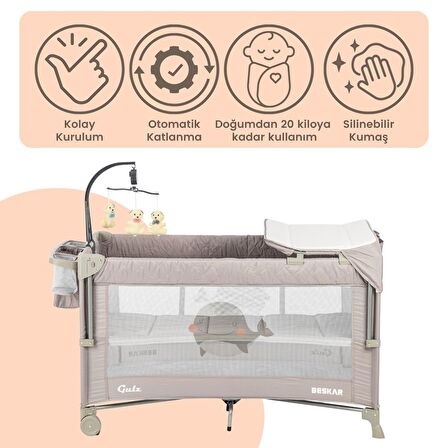 Gulz Beskar Anne Yanı Sallanır Cibinlikli Dönenceli Alt Açmalı Oyun Parkı Bebek Beşik 70X120 cm + YATAK Gri