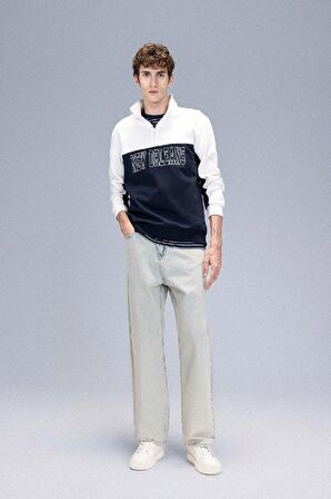 Relax Fit Dik Yaka Yarım Fermuarlı Baskılı Kalın Sweatshirt