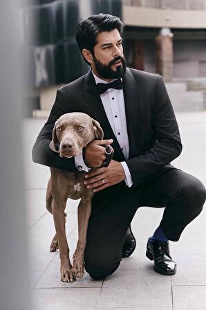 Erkek Siyah Slim Fit Dar Kesim Kırlangıç Yaka Desenli Klasik Smokin Takım