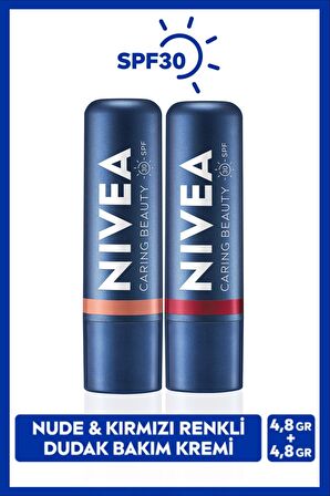 NIVEA Kırmızı Renkli Dudak Bakım Kremi ve Nude Dudak Bakım Kremi 4,8gr, SPF30, Nemlendirici, Cüzdan Hediye