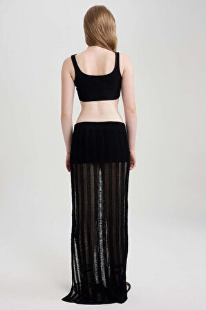 DeFacto Slim Fit Kroşe Yırtmaçlı Siyah Maxi Etek A9259AX23SMBK27