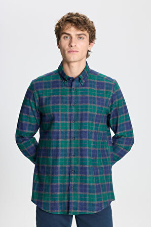 Slim Fit Dar Kesim Düğmeli Yaka %100 Pamuk Ekose Desenli Flanel Oduncu Gömlek