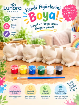 Taş Tozu Kedi Figürlü Boyanabilir Saksı & Biblo Seti – 4’lü + 6’lı Boya ve Fırça