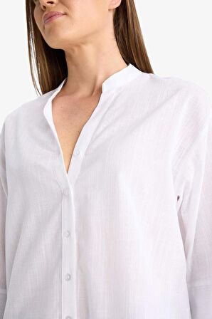 DeFacto Regular Fit Apaş Yaka Flamlı Pamuk Yarım Kollu Beyaz Gömlek F5838AX25SMWT79