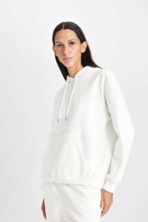 DeFacto Relax Fit Kapüşonlu Kanguru Cepli Kalın Basic Düz Sweatshirt W1240AZ24WNER105