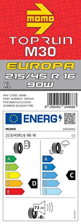 Momo 215/45 R16 90W XL M30 Toprun Oto Yaz Lastiği ( Üretim Yılı: 2024 )