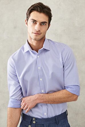 Erkek Beyaz-mavi Ütü Gerektirmeyen Non-iron Slim Fit Dar Kesim %100 Pamuk Gömlek