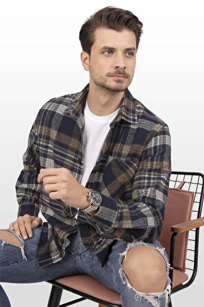 Lacivert Kahve Geçişli Oversize Kalın Oduncu Gömlek