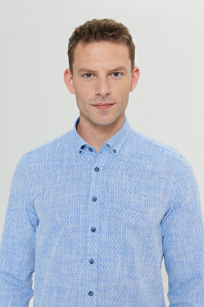 Erkek Mavi Slim Fit Dar Kesim %100 Pamuk Armürlü Düğmeli Yaka Casual Gömlek