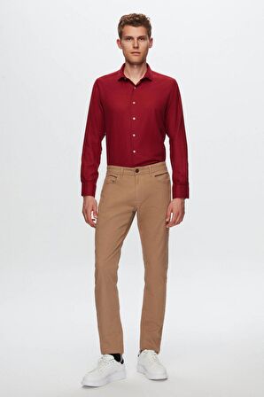 Slim Fit Bordo Armürlü Yarım Italyan Yaka Pamuklu Gömlek 8HC02ORT13288