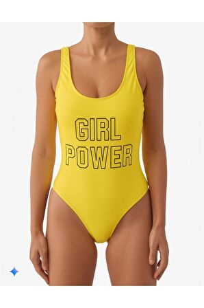 Sarı DAR KALIP Girl Power Baskılı Mayo