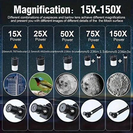150X Profesyonel Astronomik Uzay-Doğa Gözlem Teleskobu Eğitici-Öğretici Yüksek Çözünürlüklü Teleskop