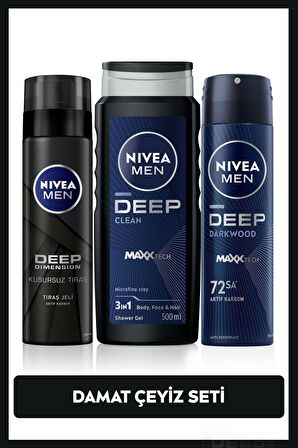 Nivea MEN Erkek Damat Çeyiz Seti, Sprey Deodorant 150ml, Deep Dimension Tıraş Jeli 200ml, Duş Jeli 500ml