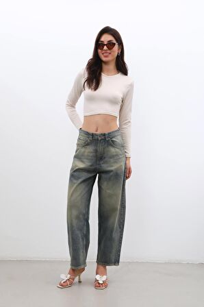 Kadın Yüksek Bel Skater Fit Jean Pantolon Tint Yeşil