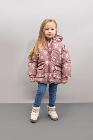 DeFacto Kız Bebek Kapüşonlu Kalp Desenli Su İtici Cep İçi Polarlı Şişme Mont C5313A524AUBN564