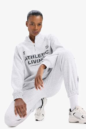 DeFactoFit Oversize Geniş Kalıp Dik Yaka Baskılı Sporcu Sweatshirt D7754AX25SPGR93