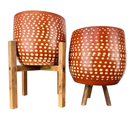 Ev Dekorasyon Aksesuar Beyaz Nokta Desenli Toprak Saksı Saksılık Salon Çiçeklik İkili Set 3 Ayaklı- 4 Ayaklı- 19 CM