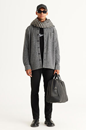 Erkek Gri Oversize Geniş Kesim Klasik Yaka Yünlü Kırçıl Desenli Flanel Gömlek Ceket