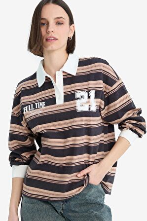 Coool Loose Fit Çizgili Polo Yaka Sweatshirt