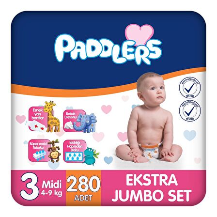 Paddlers Bebek bezi 3 Numara Midi 280 Adet (4-9 Kg) Ekstra Jumbo Set