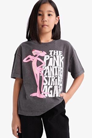 Kız Çocuk Pink Panther Oversize Geniş Kalıp Bisiklet Yaka Kısa Kollu Tişört