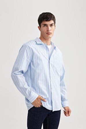 DeFacto Relax Fit Çizgili Poplin Uzun Kollu Gömlek A9440AX23AUBE723