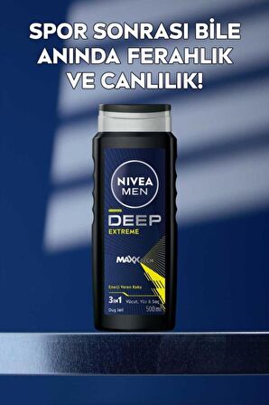 Nivea MEN Erkek Deep Extreme Duş Jeli 500ml, 3'ü 1 Arada Komple Bakım, Vücut, Saç ve Yüz Için, Ferahlık