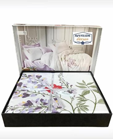 Cotton Box 3D Nakışlı Çift Kişilik Saten Nevresim Takımı Mita Lila