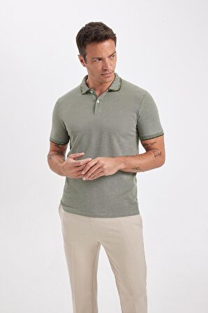 Slim Fit Kıvrılmaz Polo Yaka Kol Bantlı Pamuklu Tişört
