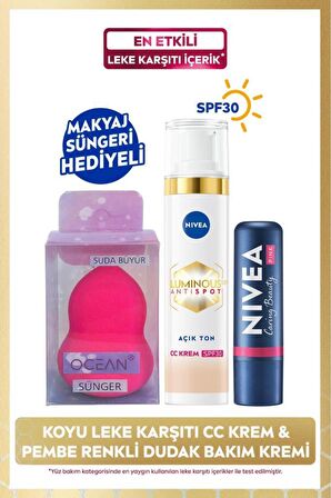 Nivea Luminous630 Leke Karşıtı CC Krem SPF30 40ml, Açık Ton, Kırmızı Dudak Bakım Kremi, Sünger Hediye